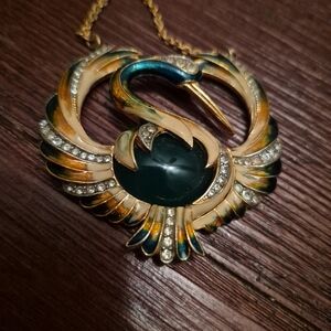 D' Orlan Elegant Gold and Green Enamel Crane Bird Necklace 1980s
